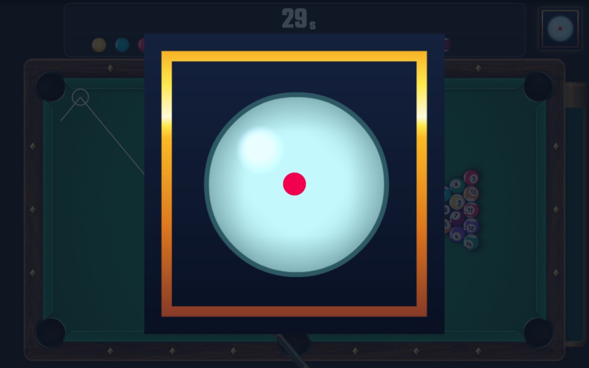Cue-ball spin selector displayed over the 8 Ball Pool table